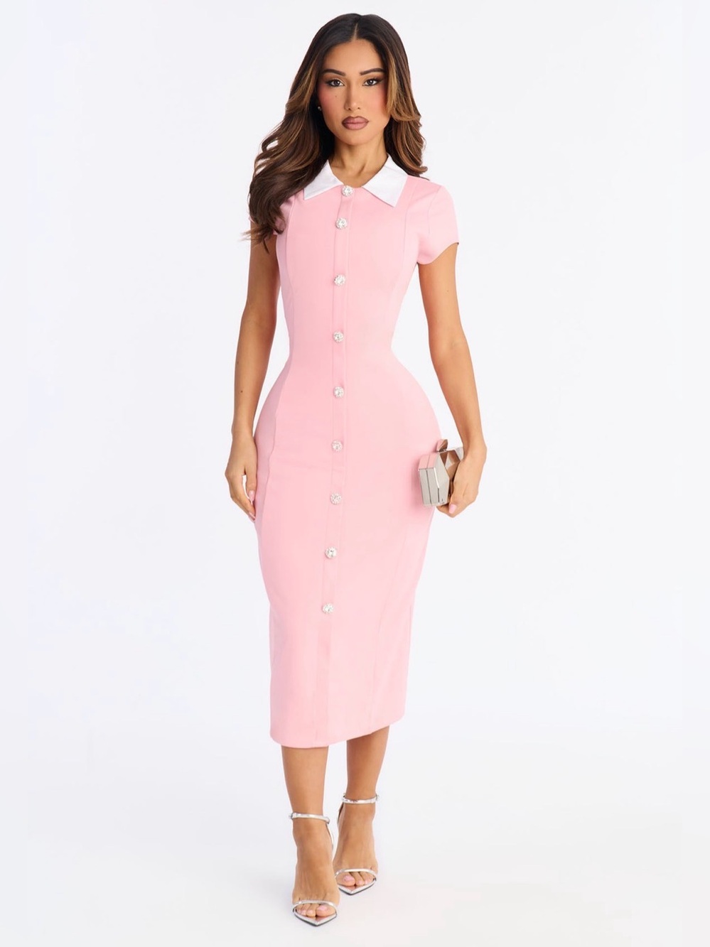 Fashion Nova Pink Midi Sheath Dress with White Collar